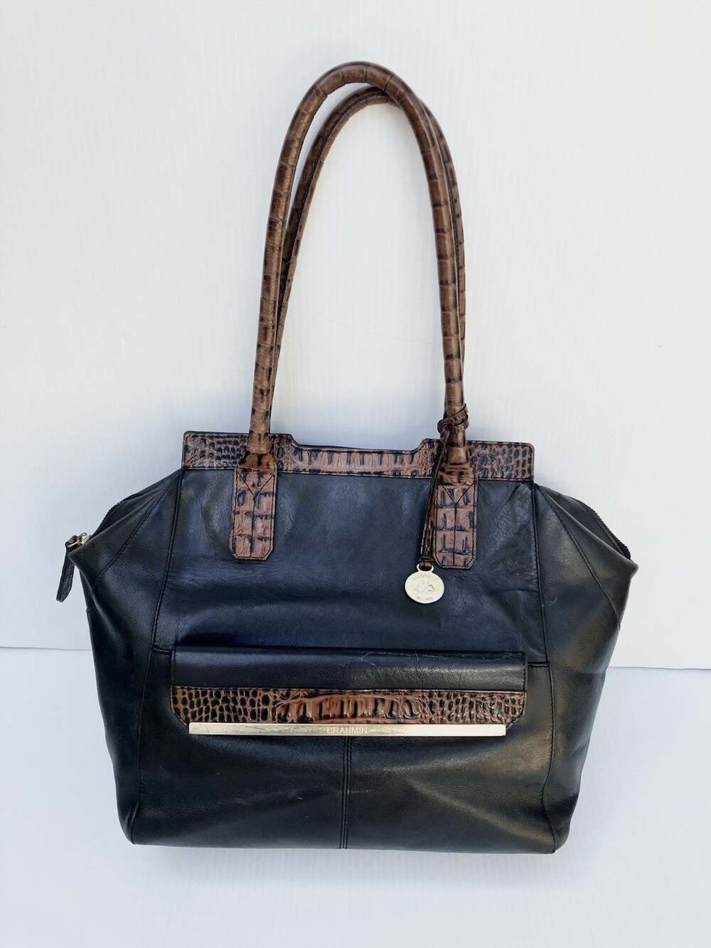 Vtg Brahmin Tuscan Leather Shoulder Bag Black Doctor Purse Croc Trim Top Handle